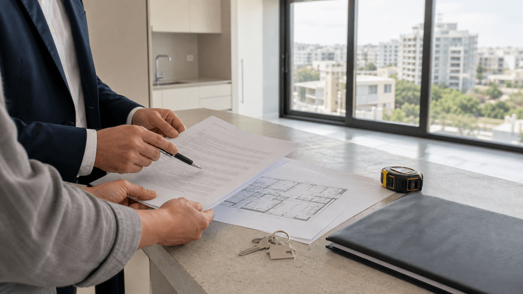 עורך דין חוזה דירה בודק טיוטת חוזה בתוך דירה לפני חתימה