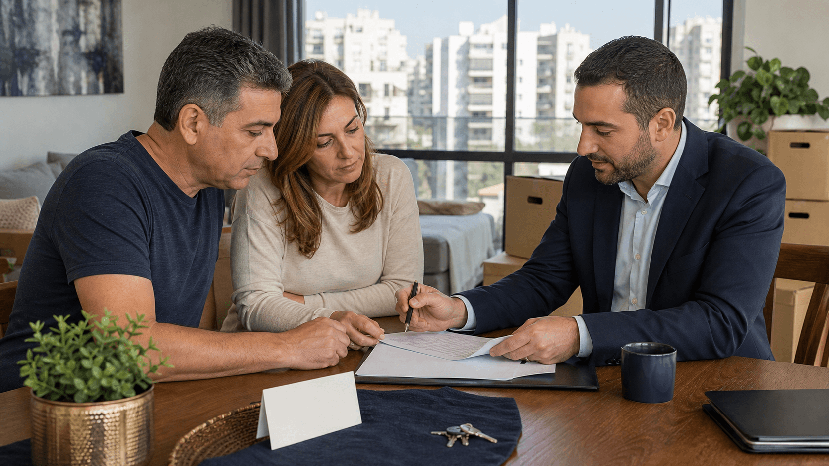מוכרי דירה יד שנייה בודקים חוזה מכר ומסמכים עם עורך דין
